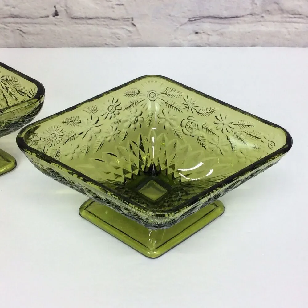 Vintage Indiana Glass Olive Green Diamond Shape Pedestal Candy Dish Bowl Set 2